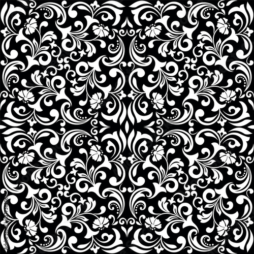 Floral pattern. Seamless vector background. Vintage wallpaper in the Baroque style. White and black ornament for fabric, wallpaper, packaging. Ornate Damask flower illustration.