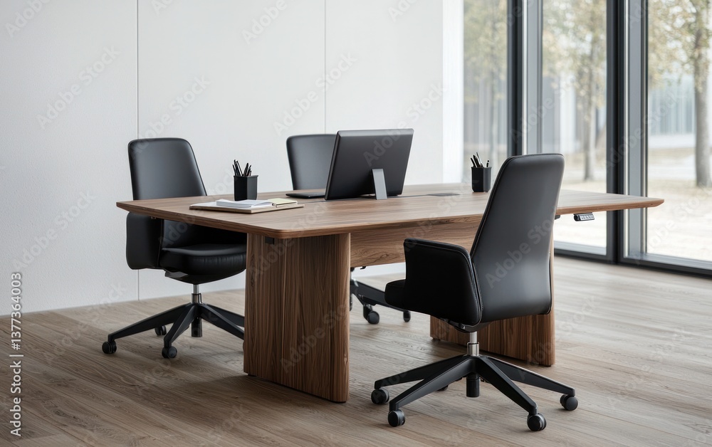 Modern office interior with a large wooden conference table and black leather chairs, set against a backdrop of a window showing autumn trees. Natural light illuminates the scene Modern office interior with a large wooden conference table and black leather chairs, set against a backdrop of a window showing autumn trees. Natural light illuminates the scene
