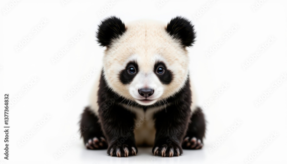 A cute and fluffy panda is sitting upright, with its black and white fur shining against a clear white background A cute and fluffy panda is sitting upright, with its black and white fur shining against a clear white background