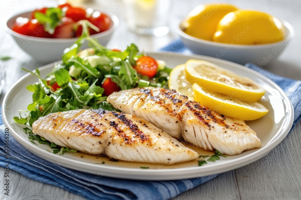 Grilled fish with lemon and salad. A healthy meal featuring grilled white fish fillets, accompanied by a fresh salad of arugula, cherry tomatoes, and lemon wedges Grilled fish with lemon and salad. A healthy meal featuring grilled white fish fillets, accompanied by a fresh salad of arugula, cherry tomatoes, and lemon wedges