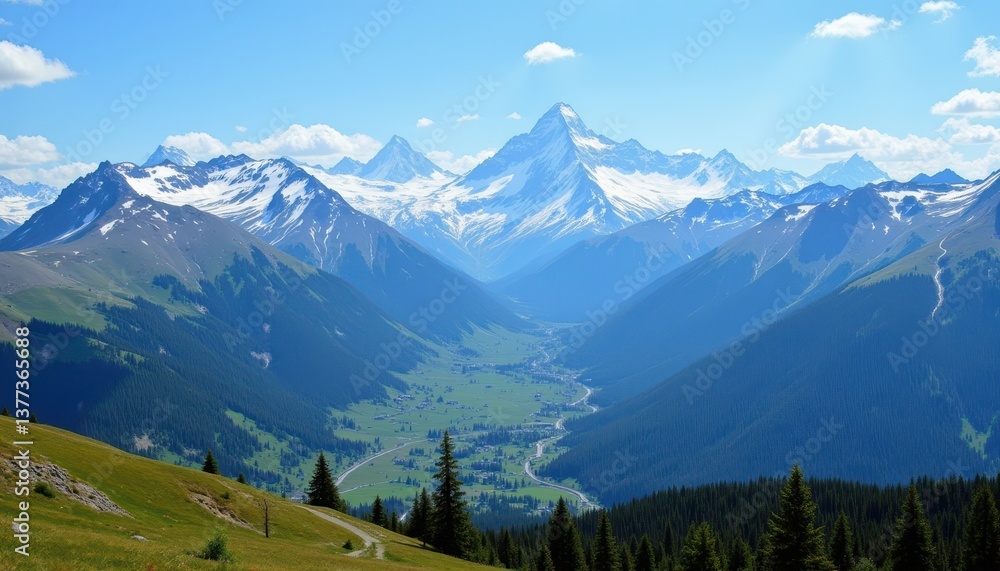 The snow capped mountains create a striking contrast against the vibrant green valleys, all set under a clear blue sky The snow capped mountains create a striking contrast against the vibrant green valleys, all set under a clear blue sky