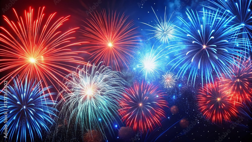 Naklejka premium Red and Blue Fireworks Explosion on White Background - New Year's Celebration Stock Photo