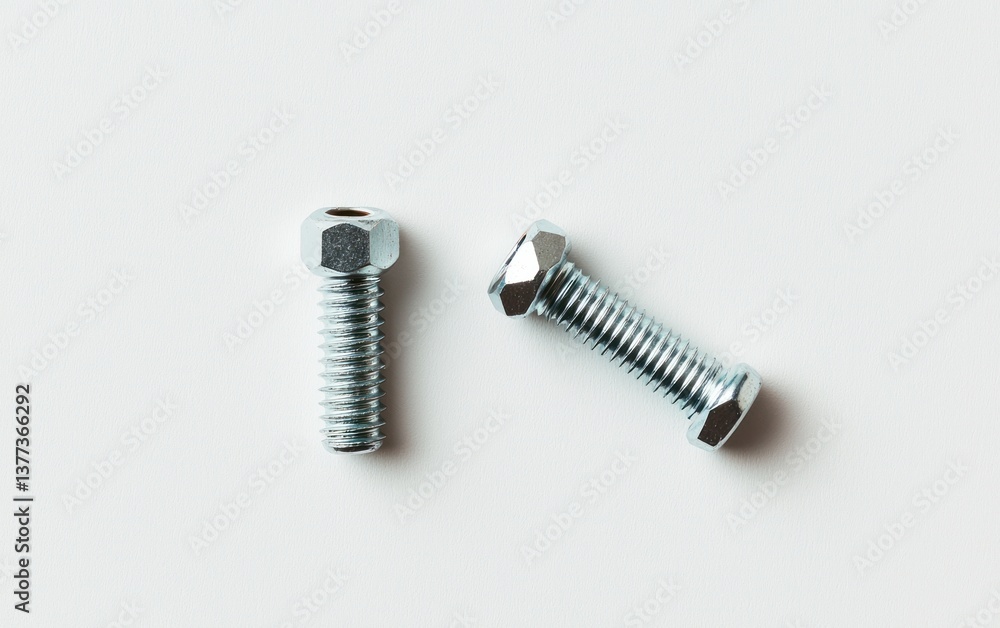 Two metallic bolts on a light gray background. Close-up view of the bolts, showcasing their details Two metallic bolts on a light gray background. Close-up view of the bolts, showcasing their details