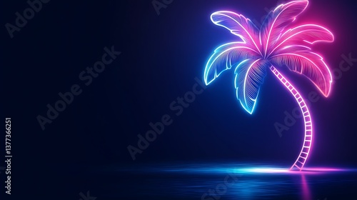 A beautiful neon palm tree glows brightly in the dark background