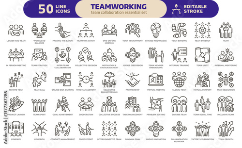 Teamwork and collaboration icon set. Thin line editable stroke icons for teams, leadership, meetings, project management, brainstorming, team growth, support, partnership and remote work.