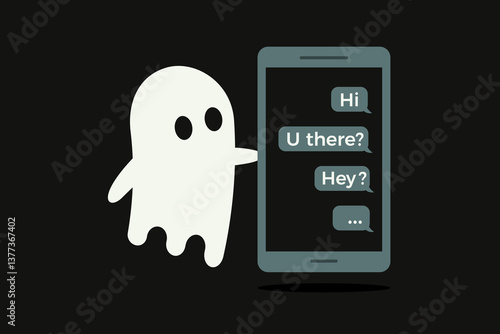 Cute cartoon ghost ghosting unread chat messages on smartphone. ignored phone texts vector flat illustration for digital communication, online chat and social media. Rejection, avoidance, silence
