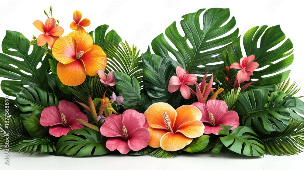 Fototapeta premium A vibrant display of lush green tropical leaves and colorful exotic flowers creating a captivating natural scene full of life and beauty
