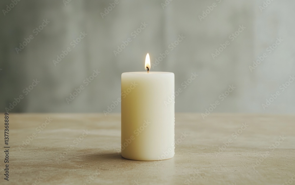 A single, lit off-white candle sits on a beige surface against a muted gray background. The image evokes a sense of peace and tranquility A single, lit off-white candle sits on a beige surface against a muted gray background. The image evokes a sense of peace and tranquility
