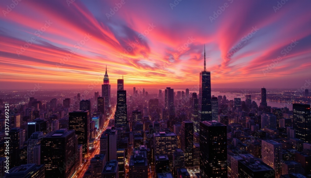 Obraz premium The vibrant city skyline at sunset is a captivating sight