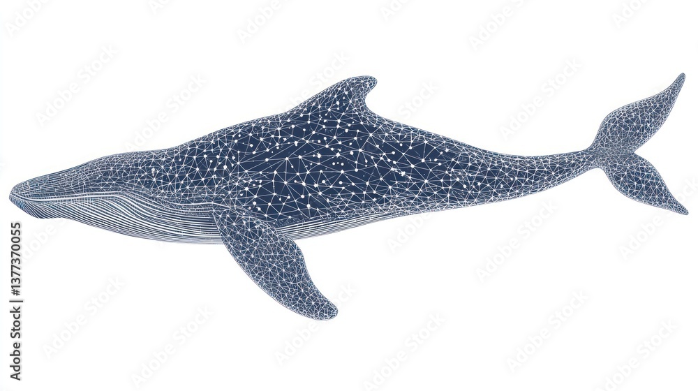 Fototapeta premium Abstract illustration of a whale, depicted as a stylized, detailed anatomical structure with interconnected points, creating a complex network design.