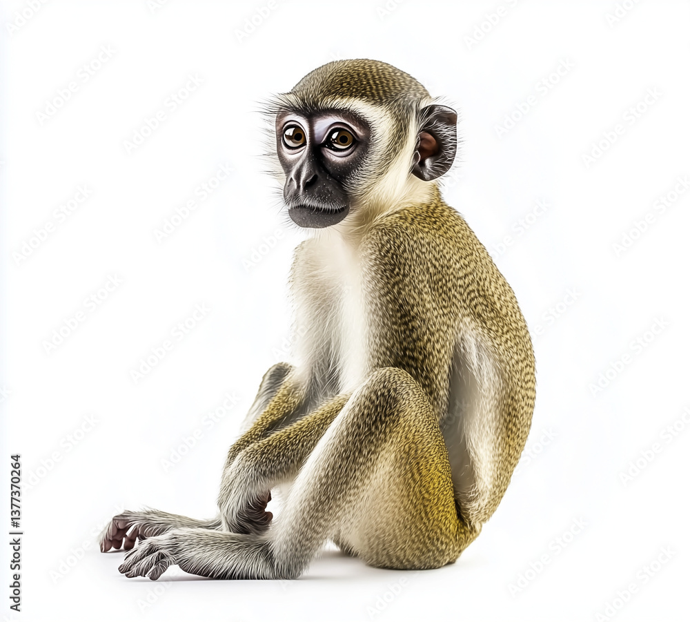Obraz premium Obtain a valid viewport, full-body shot of a monkey sitting on a white background