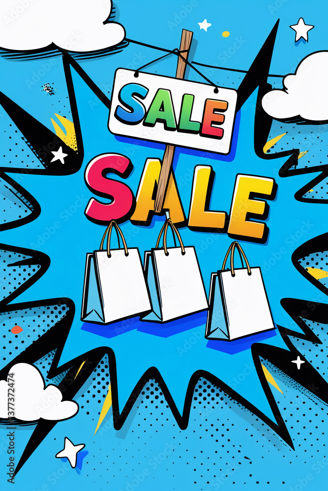Fototapeta premium AI Generative. Poster design of Super Sale promotion with halftone dots and yellow explosion burst shape with a thick black outline on blue background. Above the bags, a white sign. 25