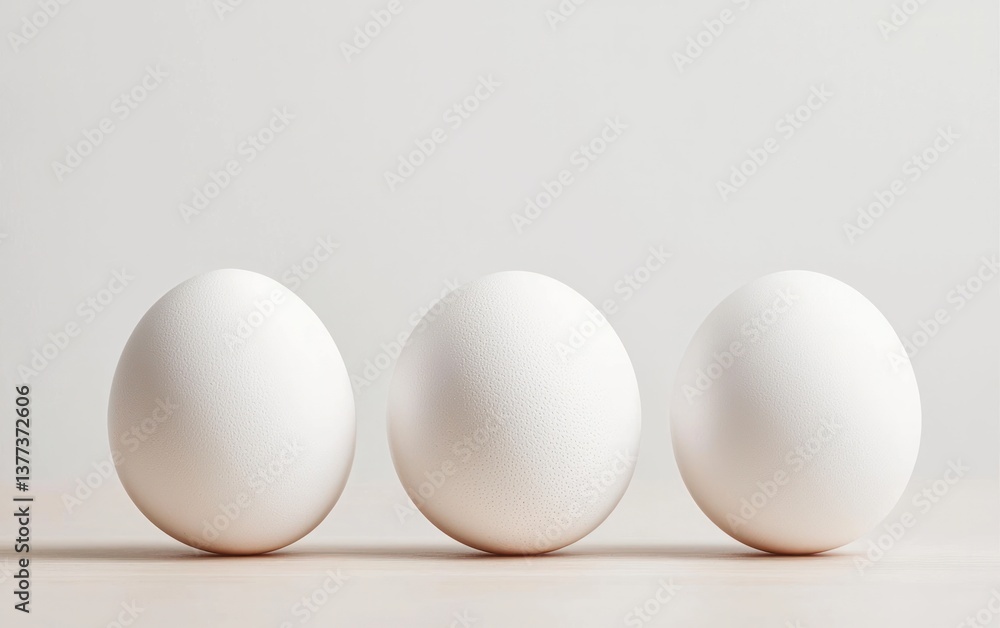 Three white eggs arranged in a row on a light beige surface against a white background.  The eggs are slightly textured