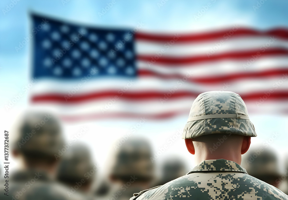 A solemn scene depicting soldiers standing in formation, paying tribute under a waving American flag, symbolizing patriotism. A solemn scene depicting soldiers standing in formation, paying tribute under a waving American flag, symbolizing patriotism.