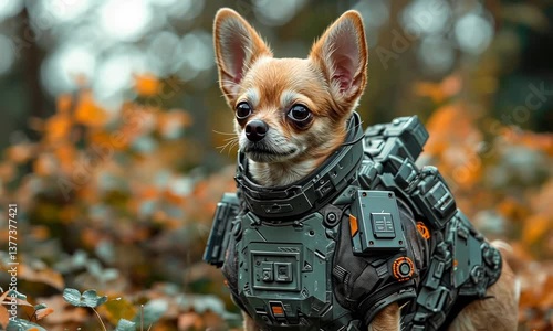 A small chihuahua dog in a futuristic, armored suit stands in an autumnal forest.