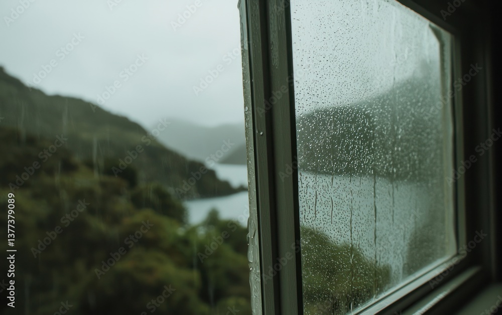 Rainy landscape viewed through a rain-covered window. Green hills, a lake, and a cloudy sky are visible. The window frame is old and metallic Rainy landscape viewed through a rain-covered window. Green hills, a lake, and a cloudy sky are visible. The window frame is old and metallic