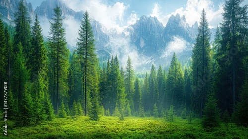 Fototapeta Naklejka Na Ścianę i Meble -  Majestic mountain forest scene, sunlit valley, tranquil alpine