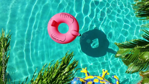 Top down summer vacation background. Aerial view clear blue pool with a pink inflatable Flamingo ring, surrounded by green palm trees. Florida holidays, Miami luxury trip, Hotel destination 4k copy