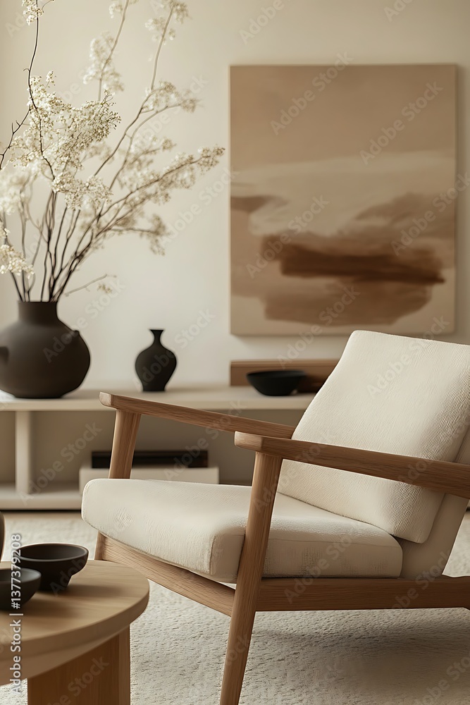 Modern Interior with OffWhite Armchair, Vases, and Abstract Art in Neutral Tones Modern Interior with OffWhite Armchair, Vases, and Abstract Art in Neutral Tones