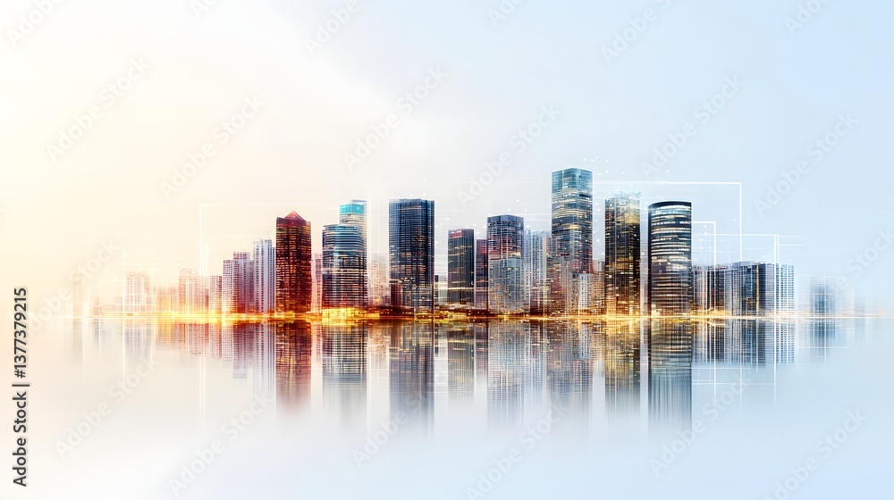 Obraz premium Modern City Skyline with Abstract Digital Elements and Reflections on Water at Dusk