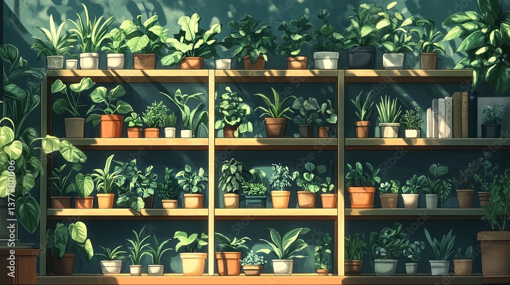 A collection of houseplants arranged neatly on shelves with plenty of sunlight pic A collection of houseplants arranged neatly on shelves with plenty of sunlight pic