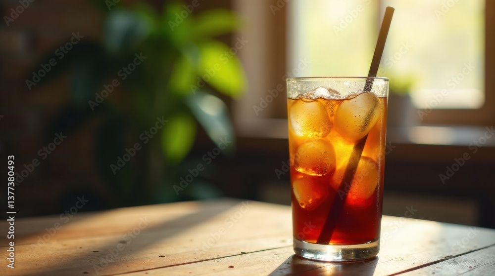 Refreshing Iced Coffee in Sunlight on Wooden Table Refreshing Iced Coffee in Sunlight on Wooden Table