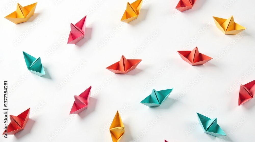 A vibrant collection of colorful paper boats scattered on a clean white background, symbolizing diverse journeys and individual paths A vibrant collection of colorful paper boats scattered on a clean white background, symbolizing diverse journeys and individual paths