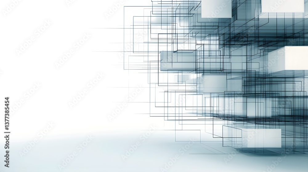 Fototapeta premium Abstract 3D Grid Structure with Cubes in Light Background and Dynamic Lines