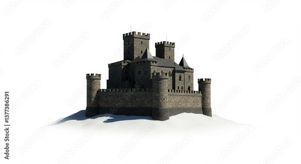 Obraz premium Majestic Medieval Castle on Snowy Hilltop 3D Render Fairytale Fortress Stone Architecture