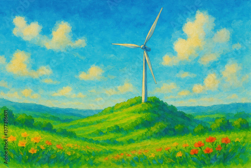 AI generated watercolor illustration of a wind turbine in green hills