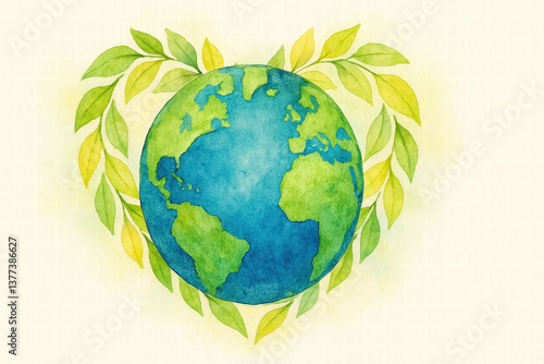 AI generated watercolor illustration of Earth with green leaves in heart shape