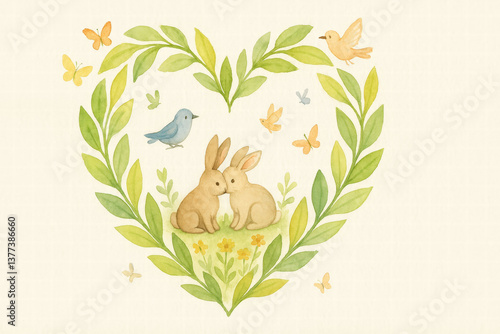AI generated watercolor illustration of two rabbits in a heart-shaped nature frame

