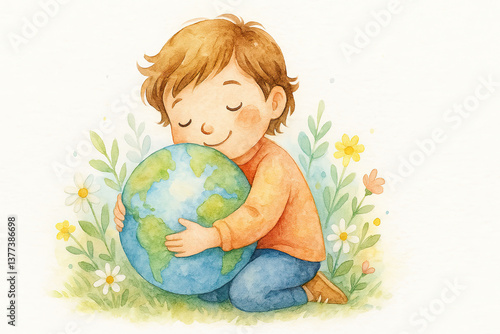 AI generated watercolor illustration of a child hugging the Earth

