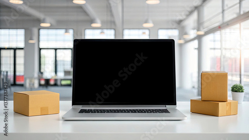 Wallpaper Mural A laptop on a desk surrounded by cardboard boxes in a modern, well-lit office space. Torontodigital.ca