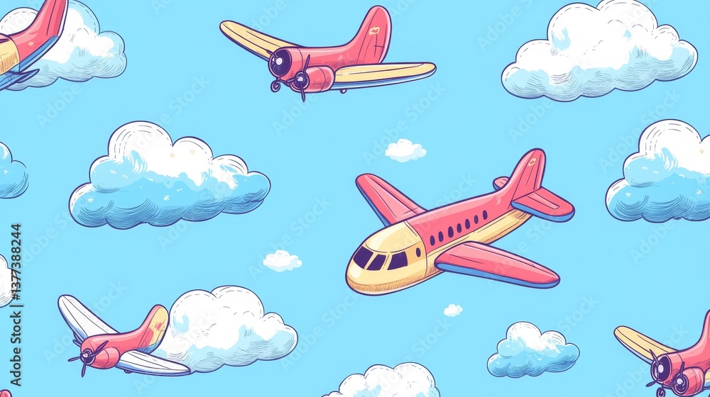Naklejka premium 16.Hand-drawn seamless pattern of adorable airplanes and fluffy clouds, set in a clear blue sky with subtle gradients and playful line art.