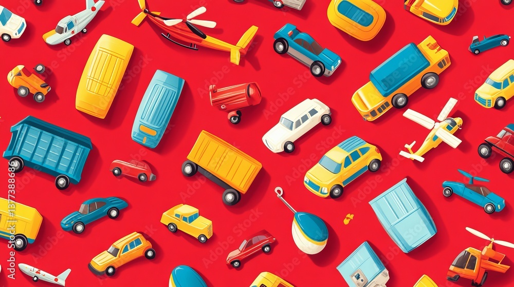 22.A lively pattern featuring boyish toy icons like trucks, cars, and helicopters, rendered in a hand-drawn style with a dynamic arrangement on a vivid red background. 22.A lively pattern featuring boyish toy icons like trucks, cars, and helicopters, rendered in a hand-drawn style with a dynamic arrangement on a vivid red background.