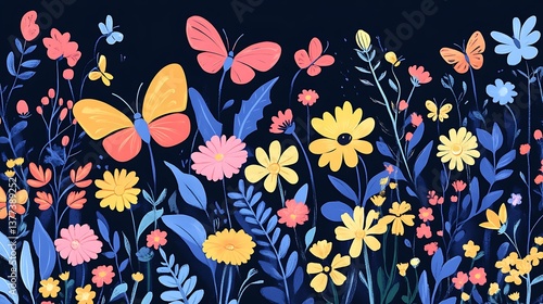 Wallpaper Mural Colorful Flowers  Butterflies Banner. Torontodigital.ca