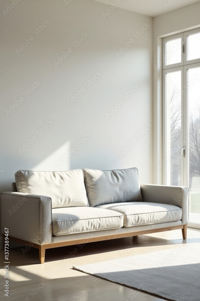 Fototapeta premium Serene Sunlight Illuminates a Light-Colored Sofa in a Minimalist Living Room Setting with a Large Window