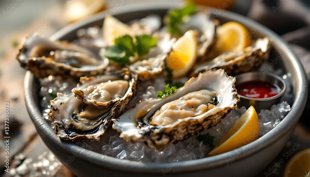 Fresh Oysters on Ice with Lemon Wedges and Cocktail Sauce Fresh Oysters on Ice with Lemon Wedges and Cocktail Sauce