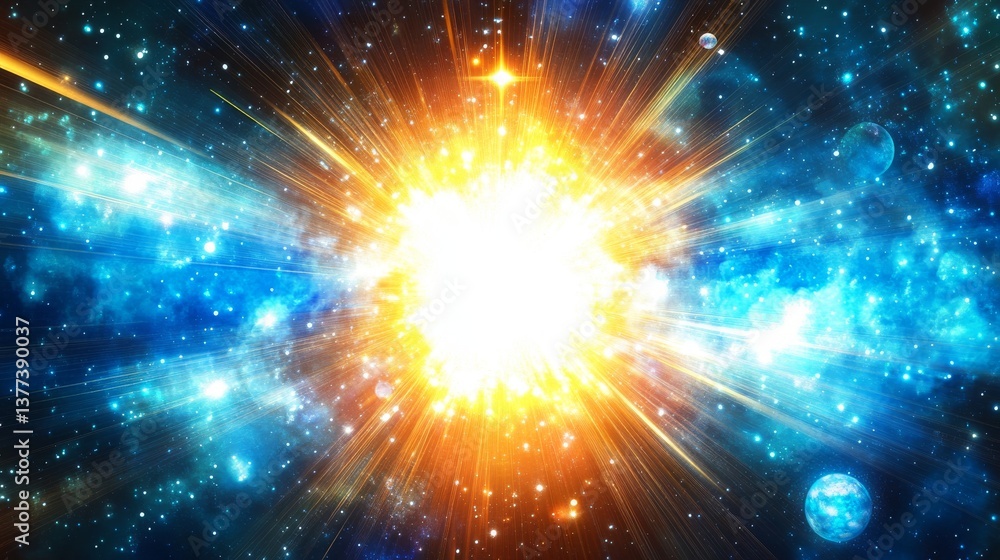 Fototapeta premium 51.Vector illustration of a cosmic scene with glowing stars, vibrant planets, and nebula effects, leaving ample empty space for text in the center.
