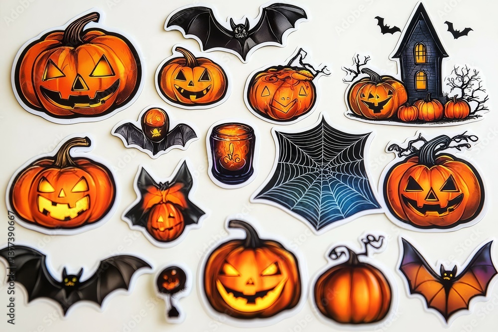 Festive Halloween Jack-o'-Lanterns, Bats and Haunted House Collection on White Surface - Fun and Spooky Holiday Decor with Vibrant Colors and Cartoonish Style Festive Halloween Jack-o'-Lanterns, Bats and Haunted House Collection on White Surface - Fun and Spooky Holiday Decor with Vibrant Colors and Cartoonish Style