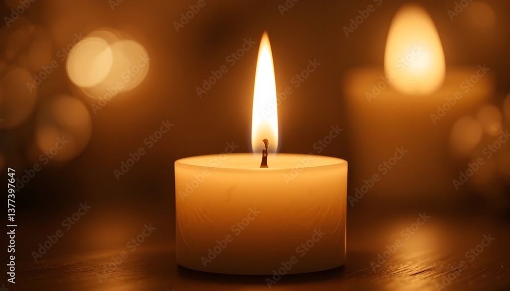 A close up of a lit candle with a bright flame illuminating the surrounding darkness and bokeh lights A close up of a lit candle with a bright flame illuminating the surrounding darkness and bokeh lights