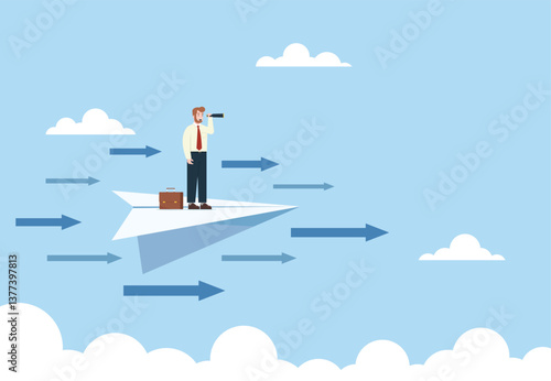 Businessman stands on paper plane looking through binoculars looking for new ways or new business challenges. Businessmen who are looking for opportunities to develop themselves. Vector illustration