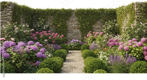 Fototapeta Naklejka Na Ścianę i Meble -  Serene Garden Path Stone Wall Hydrangeas Roses Lavender Boxwood Hedge
