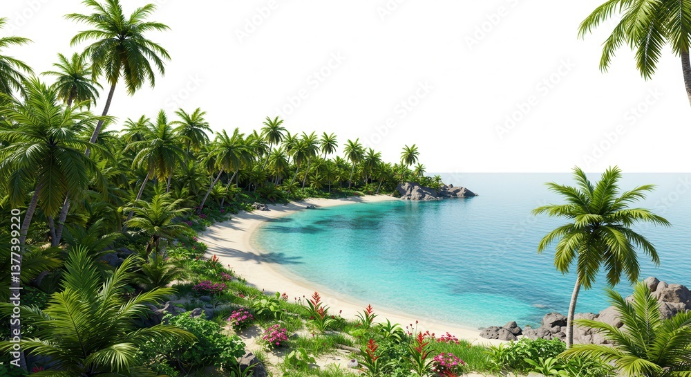 Idyllic Tropical Beach Scene Lush Palm Trees Turquoise Water Secluded Cove Idyllic Tropical Beach Scene Lush Palm Trees Turquoise Water Secluded Cove