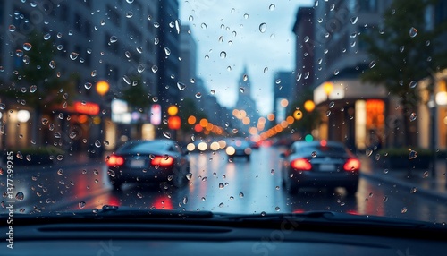 Driving in City Rain Reflections of Lights and Cars on Windshield