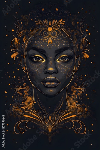 A Black woman with golden metallic body art, dark background