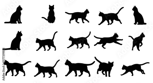 A captivating collection of elegant black cat silhouettes showcasing various poses and movements in a minimalist graphic design.
