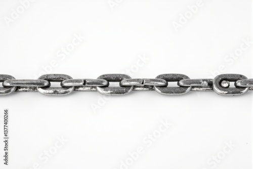 Close-Up View of a Metallic Chain Links on White Background, Showcasing the Texture and Interconnectedness of Each Link with a Focus on Industrial Strength and Durability