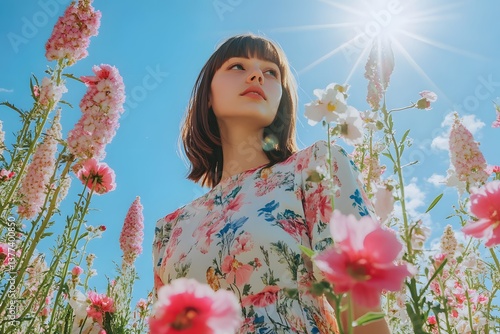 A girl wearing a pastel floral dress standing in front of tall pink and white flowers